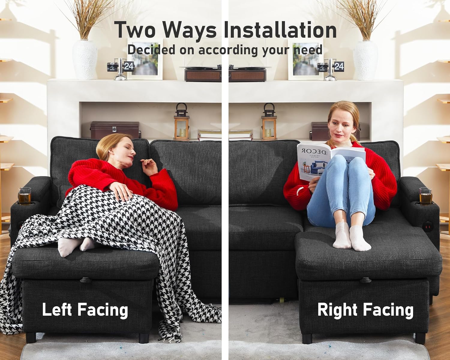 DURASPACE Sofa Bed Sleeper Pull Out 2 In 1 Sectional Sleeper Sofa Couches With Storage,USB, Cup Holder,Pullout Sectional Couches For Apartment Living Room