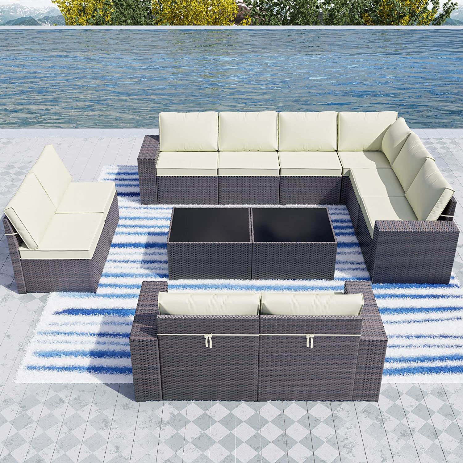 【Furniture】Outdoor Patio Furniture Set 12 Pcs Sectional Rattan Sofa Set Brown PE Wicker Patio Conversation Set