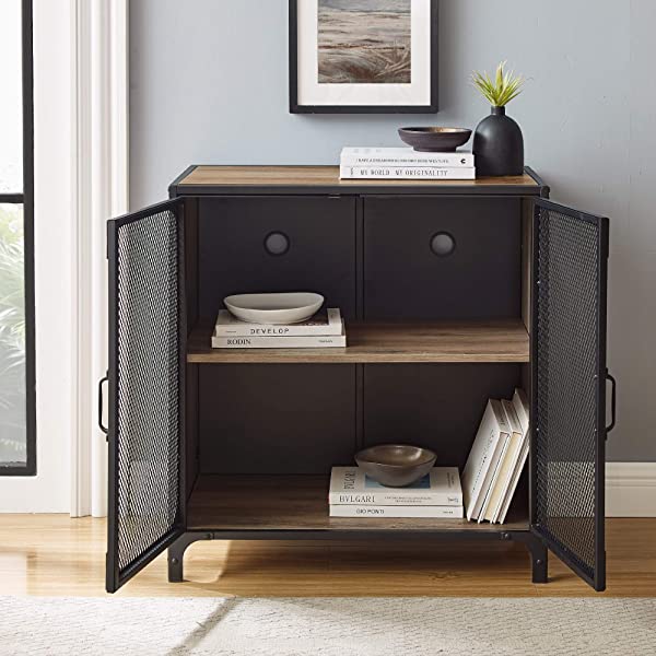 Walker Edison Malcomb Urban Industrial Metal Mesh Double Door Rolling Bar Cabinet, 33 Inch, Rustic Oak Rustic Oak 33 Inch