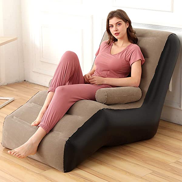 Inflatable Chaise Lounges Folding Lazy Floor Chair Sofa Lounger Bed with Armrests (Khaki)
