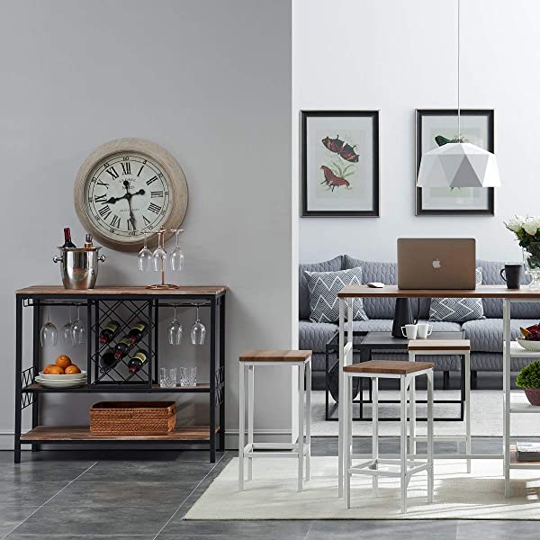 O&K FURNITURE Industrial Wine Rack Table with Glass Holder, Wine Bar Cabinet with Storage, Brown