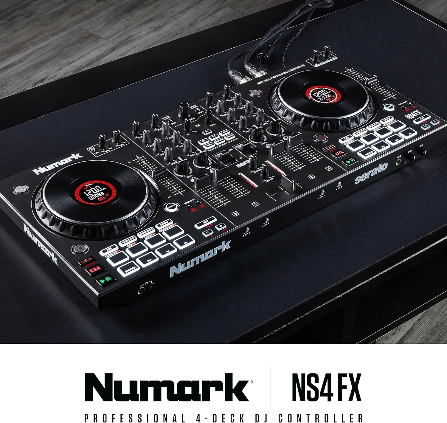 Numark NS4FX – 4-channel DJ Controller, Touch Jog Wheels with Display, Performance Pads and Effects, Booth and Main Outputs, Serato DJ Lite Included
