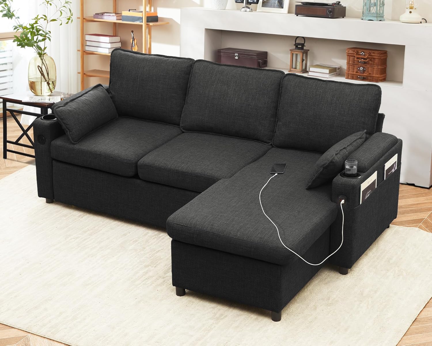 DURASPACE Sofa Bed Sleeper Pull Out 2 In 1 Sectional Sleeper Sofa Couches With Storage,USB, Cup Holder,Pullout Sectional Couches For Apartment Living Room