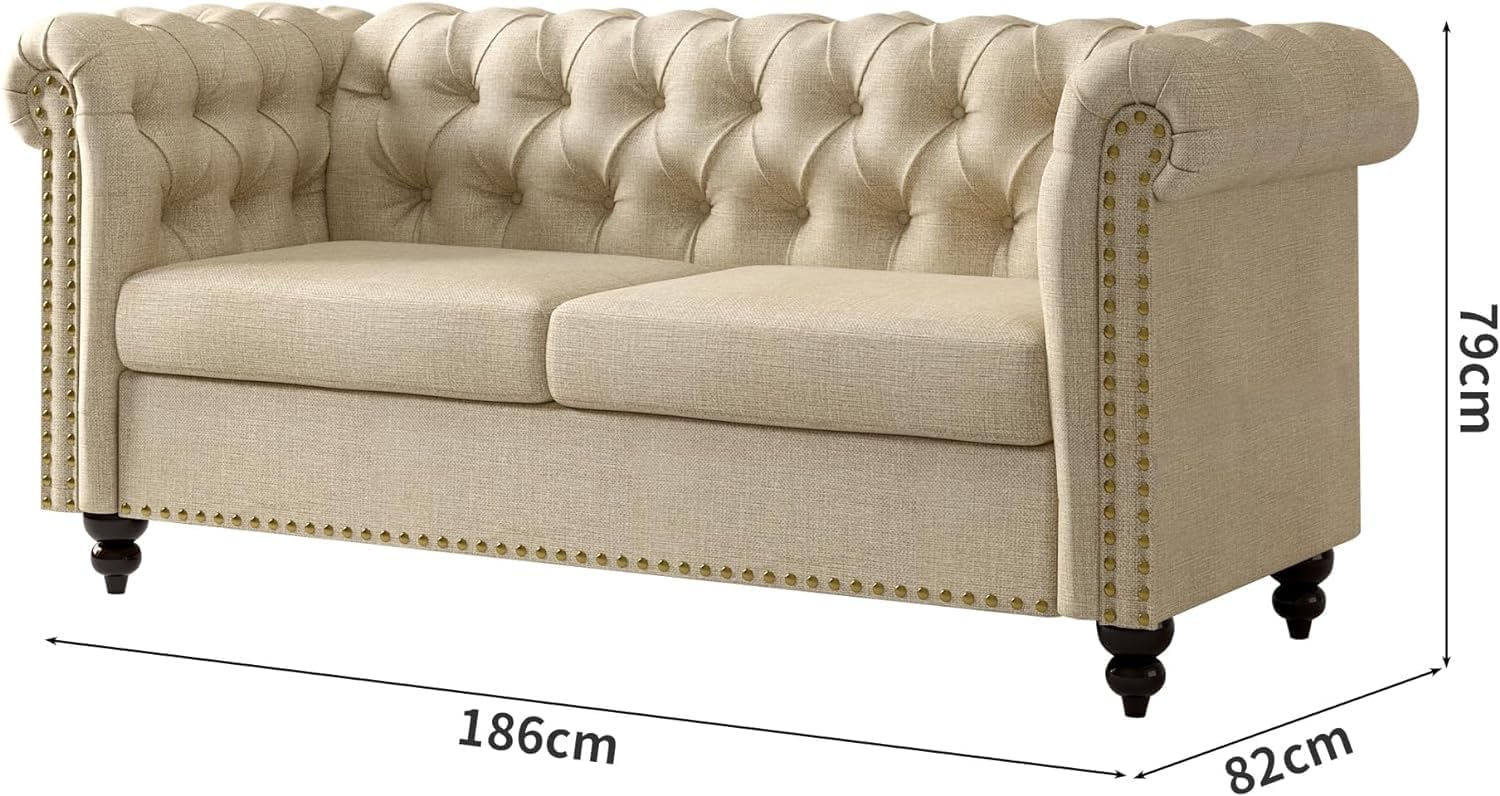 mcc direct Large 2 seater Chesterfield Style Button back Sofa, Couch Linen Fabric Settee for Living Room, Office, Bedroom - Victoria(Beige)