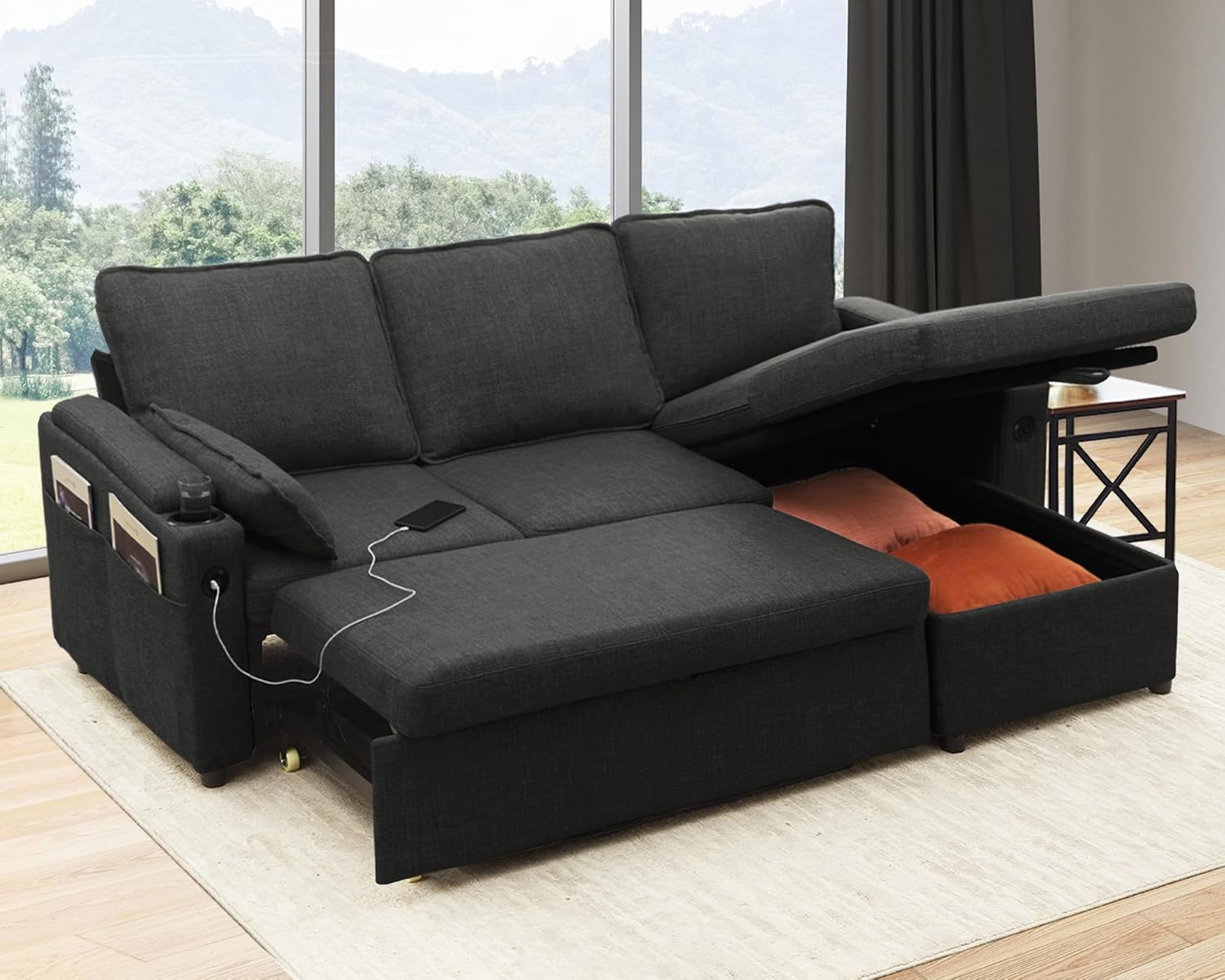 DURASPACE Sofa Bed Sleeper Pull Out 2 In 1 Sectional Sleeper Sofa Couches With Storage,USB, Cup Holder,Pullout Sectional Couches For Apartment Living Room