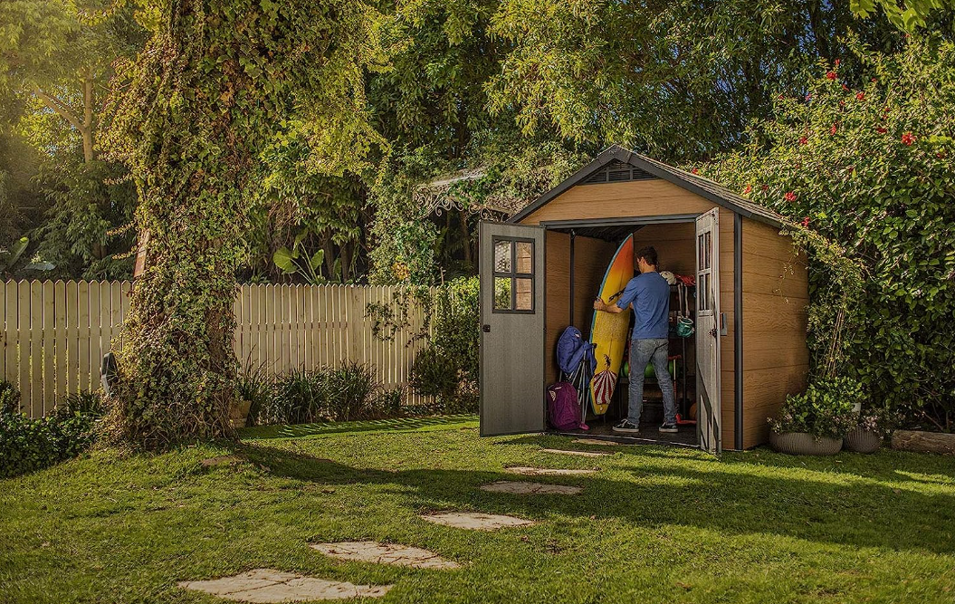 KETER Newton 7.5x7 Large Resin Outdoor Storage Shed Kit – Perfect to Store Patio Furniture, Garden Tools, Bike Accessories, and Lawn Mower, Mahogany Brown
