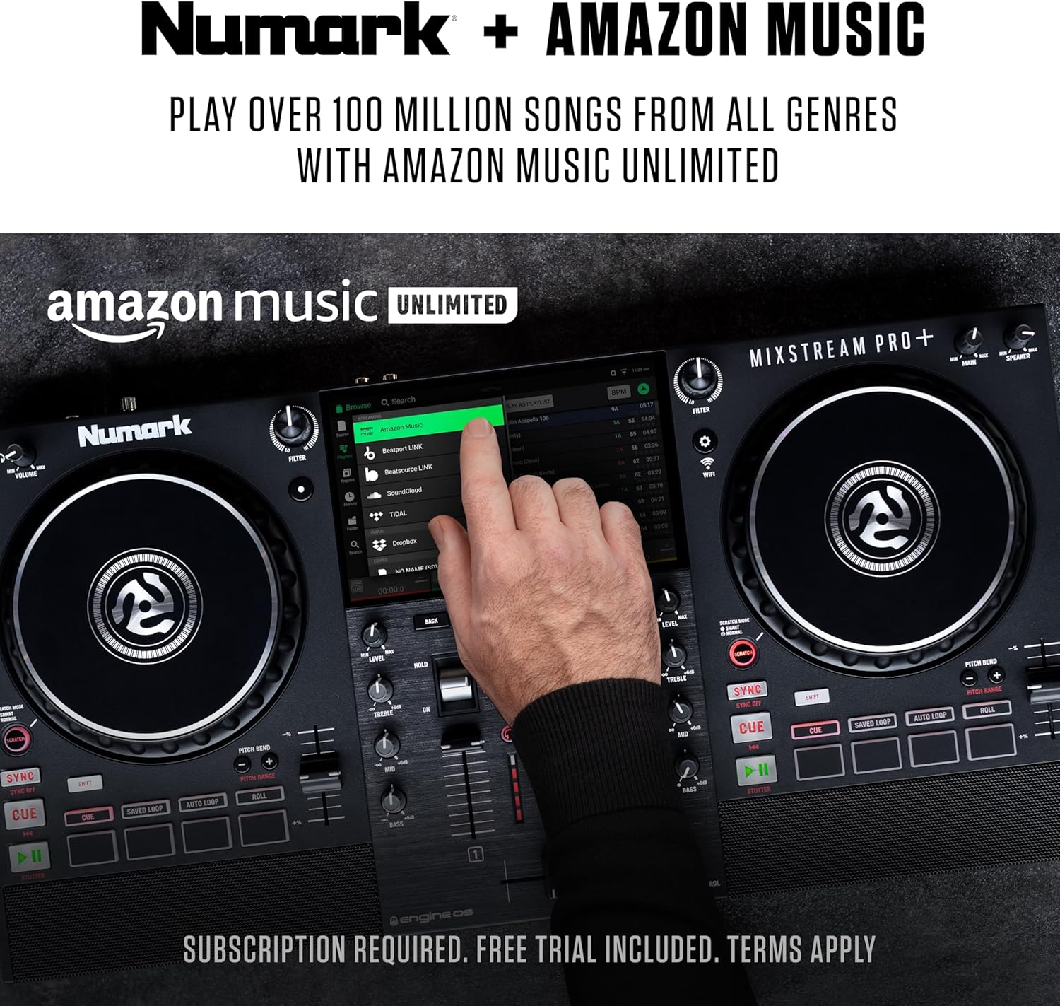 Numark Mixstream Pro+ DJ Controller with Stem Separation, 2 Decks, Wi-Fi Streaming, Mixer, 7