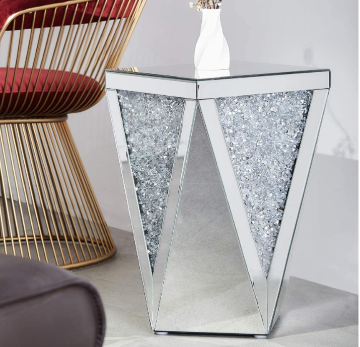 Mirrored End Table with Crystal Inlay, Square Modern Side Table Silver Accent Table, Drum End Table for Living Room Bedroom from MIREO Fine Furniture