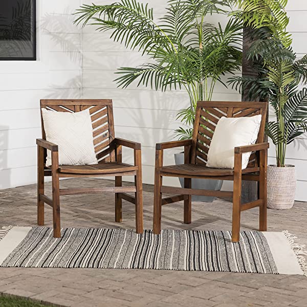 Walker Edison 5 Person Outdoor Wood Chevron Patio Furniture Dining Set Table Chairs Bench All Weather Backyard Conversation Garden Poolside Balcony, 4 Piece, Brown Brown 4 Piece Dining Set