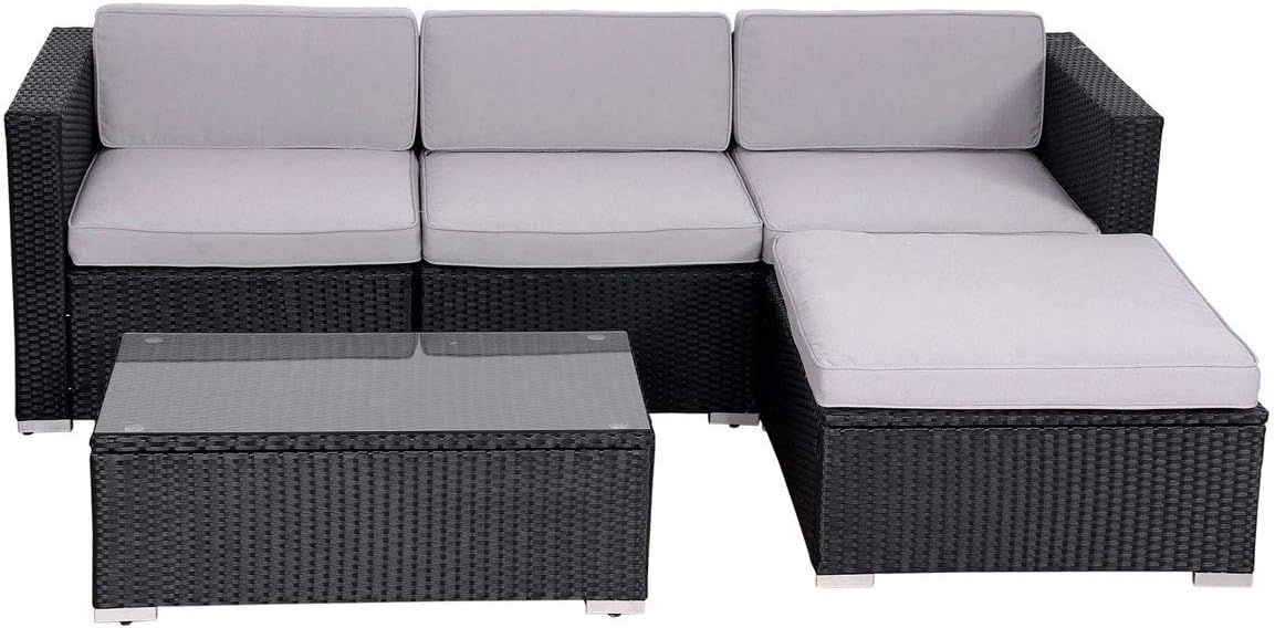 EVRE California Rattan Garden Furniture Set 5 Piece 3 Seater Sofa 1 Ottoman 1 Coffee Table Outdoor Wicker Weave Lounge Sofa and Glass Top Table with Cushions