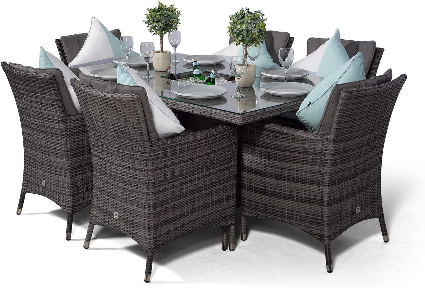 Savannah Rattan Dining Set | Rectangle 6 Seater Brown Rattan Table & Chairs Set with Ice Bucket Drinks Cooler | Outdoor Poly Rattan Garden Dining Furniture Set with Parasol & Cover