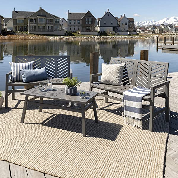 Walker Edison 5 Person Outdoor Wood Chevron Patio Furniture Dining Set Table Chairs Bench All Weather Backyard Conversation Garden Poolside Balcony, 4 Piece, Brown Brown 4 Piece Dining Set