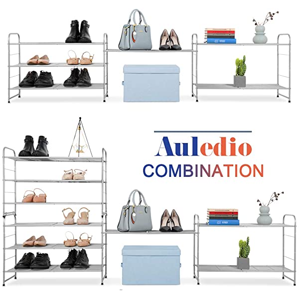 AULEDIO 3-Tier Shoe Rack, Stackable and Adjustable Multi-Function Wire Grid Shoe Organizer Storage, Extra Large Capacity, Space Saving, Fits Boots, High Heels, Slippers and More (Bronze) 3-Tier Bronze