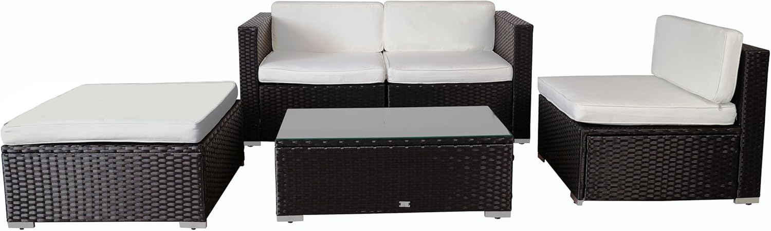 EVRE California Rattan Garden Furniture Set 5 Piece 3 Seater Sofa 1 Ottoman 1 Coffee Table Outdoor Wicker Weave Lounge Sofa and Glass Top Table with Cushions