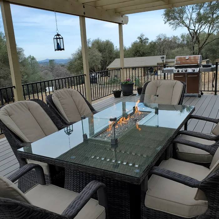 2020 Morden Living 7 pieces Hot Sell Outdoor Brown Wcker Fire Pit Dining Set