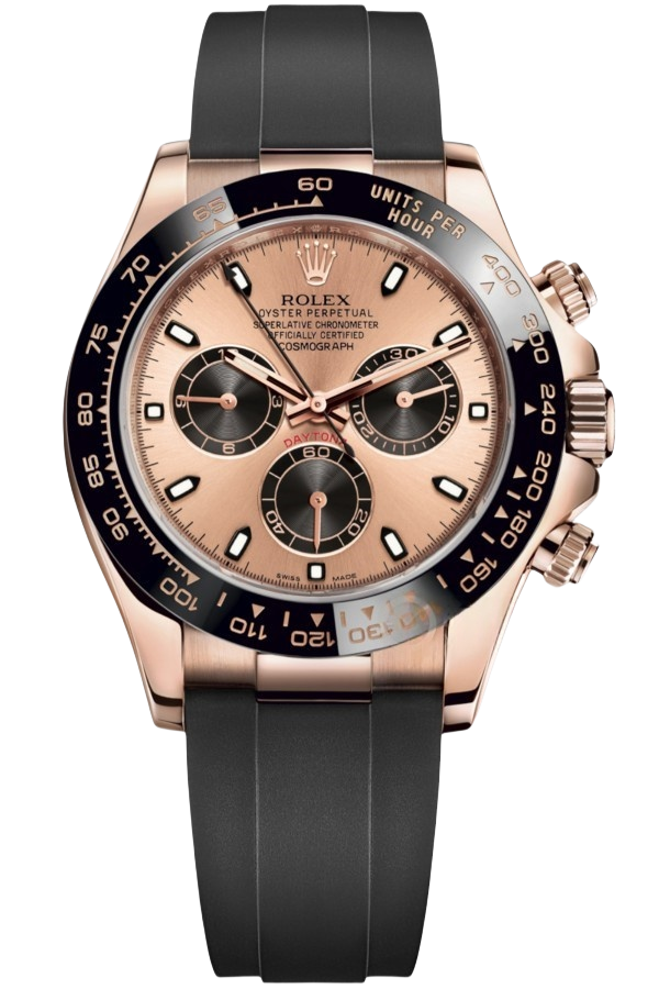 Rolex Daytona 18k Rose Gold Super Clone SwissReplica Watch OysterFlex Rubber Strap Ref 116515LN 4130 Swiss Movement - SuperClonesRolex