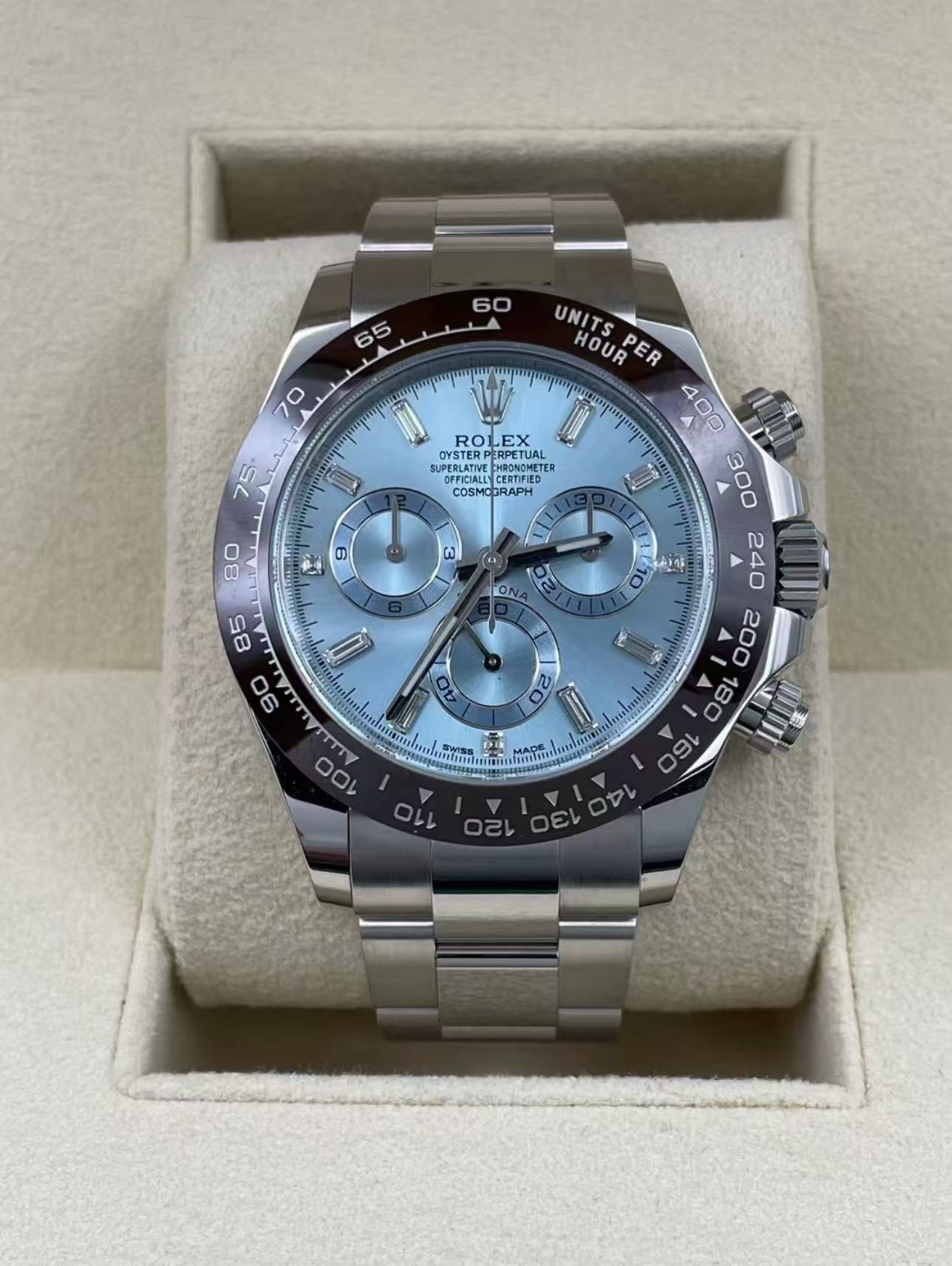Rolex Daytona lce BlueDial with BaguetteDiamonds Super CloneSwiss Replica Watch Ref116506 4130 Swiss Movement - SuperClonesRolex