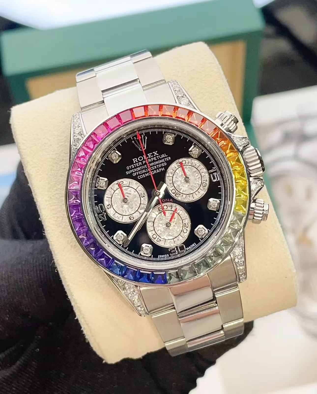 Rolex Daytona Rainbow Super Replica Swiss Replica Watch 18k Rose Gold Ref116599 RBOWI4130 Swiss Movement - SuperClonesRolex