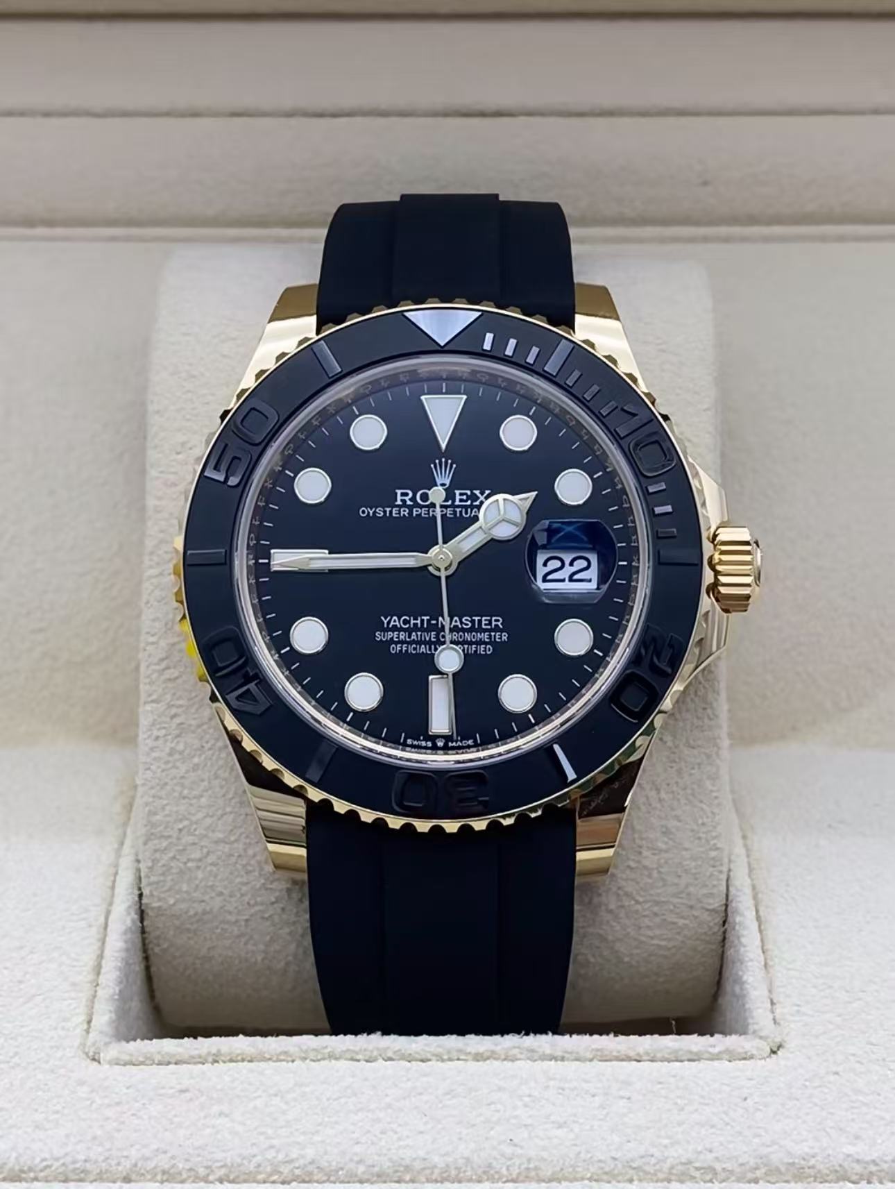 Rolex Yacht Master 18k Yellow Gold Super CloneSwiss Replica Watch OysterFlex Rubber Strap Ref 226658-3235 Swiss Movement - SuperClonesRolex