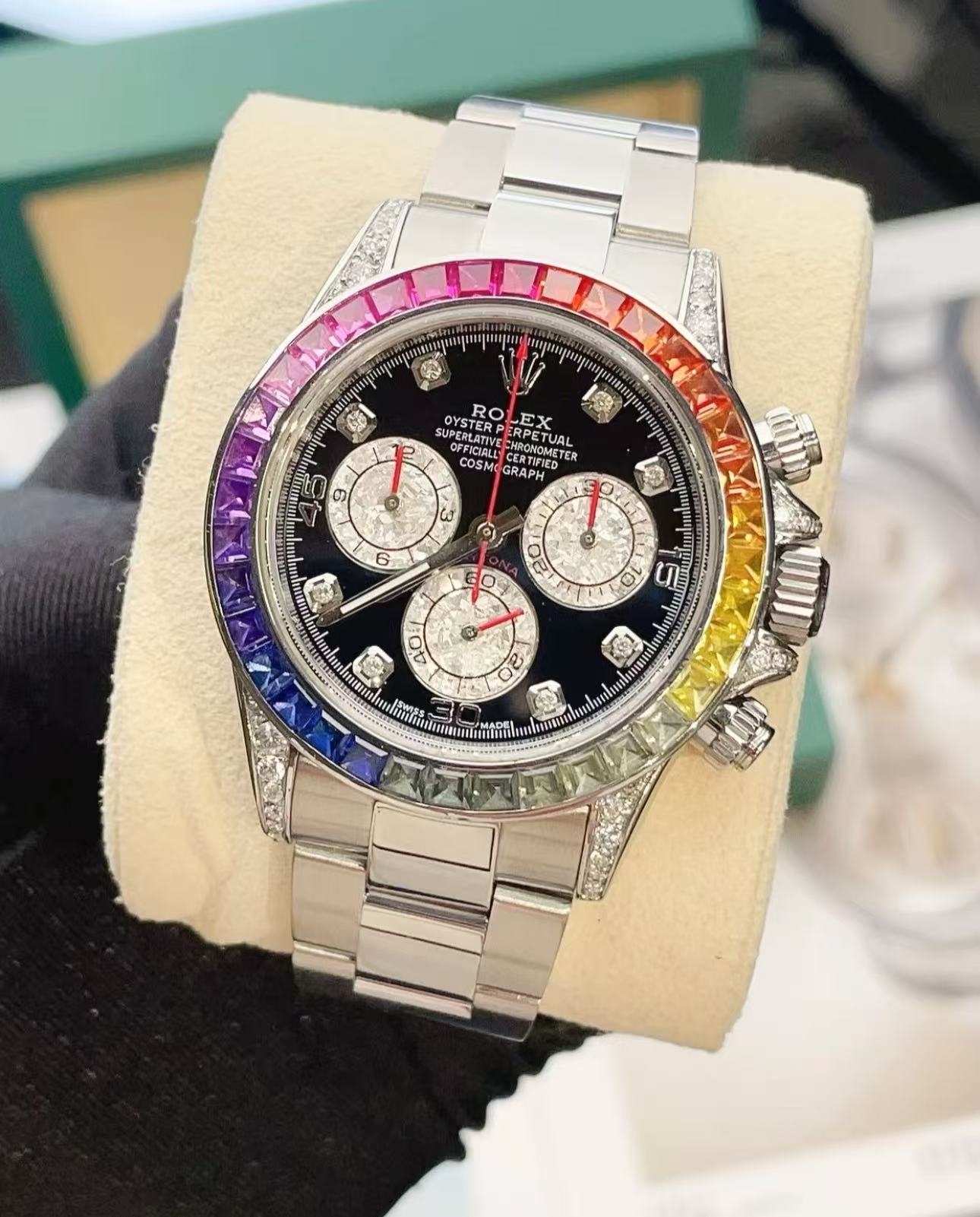 Rolex Daytona Rainbow Super Replica Swiss Replica Watch 18k Rose Gold Ref116599 RBOWI4130 Swiss Movement - SuperClonesRolex