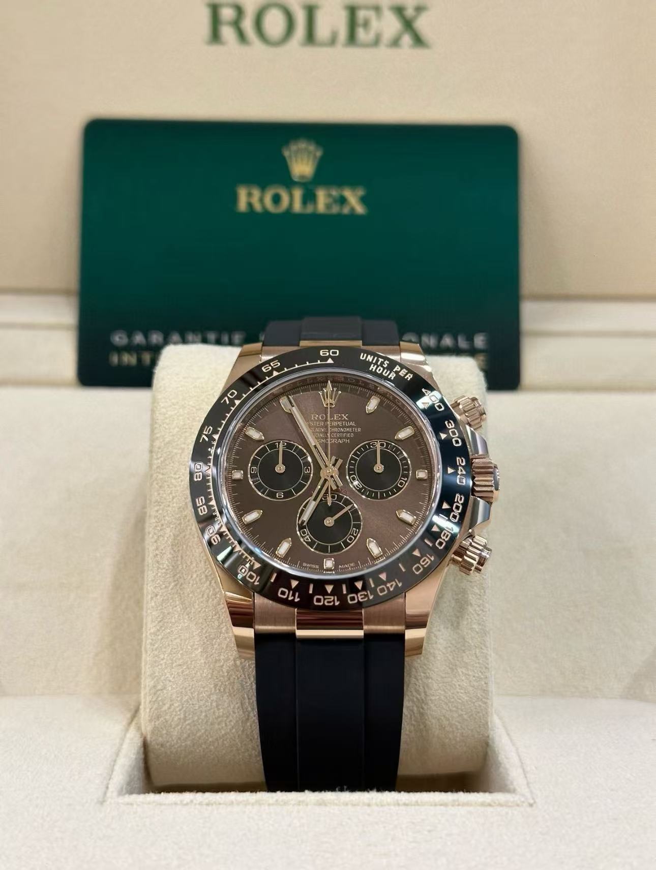 Rolex Daytona 18k Rose Gold Super Clone SwissReplica Watch OysterFlex Rubber Strap Ref 116515LN 4130 Swiss Movement - SuperClonesRolex
