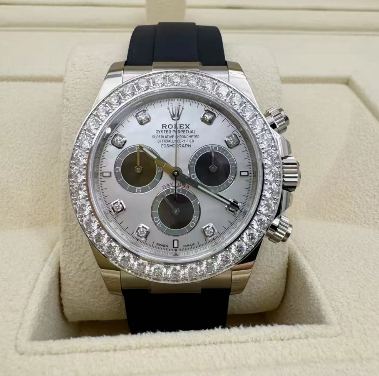 RolexCosmograph Daytona Oyster, 40 mm, white gold and diamonds  Super Clone Swiss Watch Ref M126589RBR-0001 4131 Swiss Movement - SuperClonesRolex