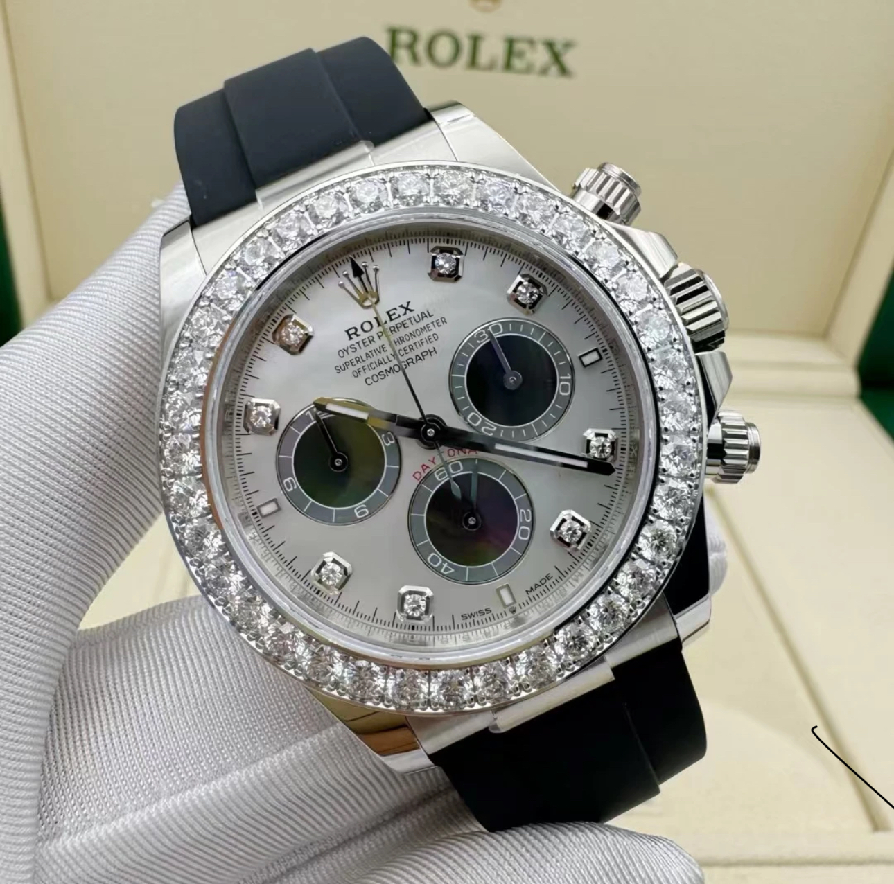 RolexCosmograph Daytona Oyster, 40 mm, white gold and diamonds  Super Clone Swiss Watch Ref M126589RBR-0001 4131 Swiss Movement - SuperClonesRolex