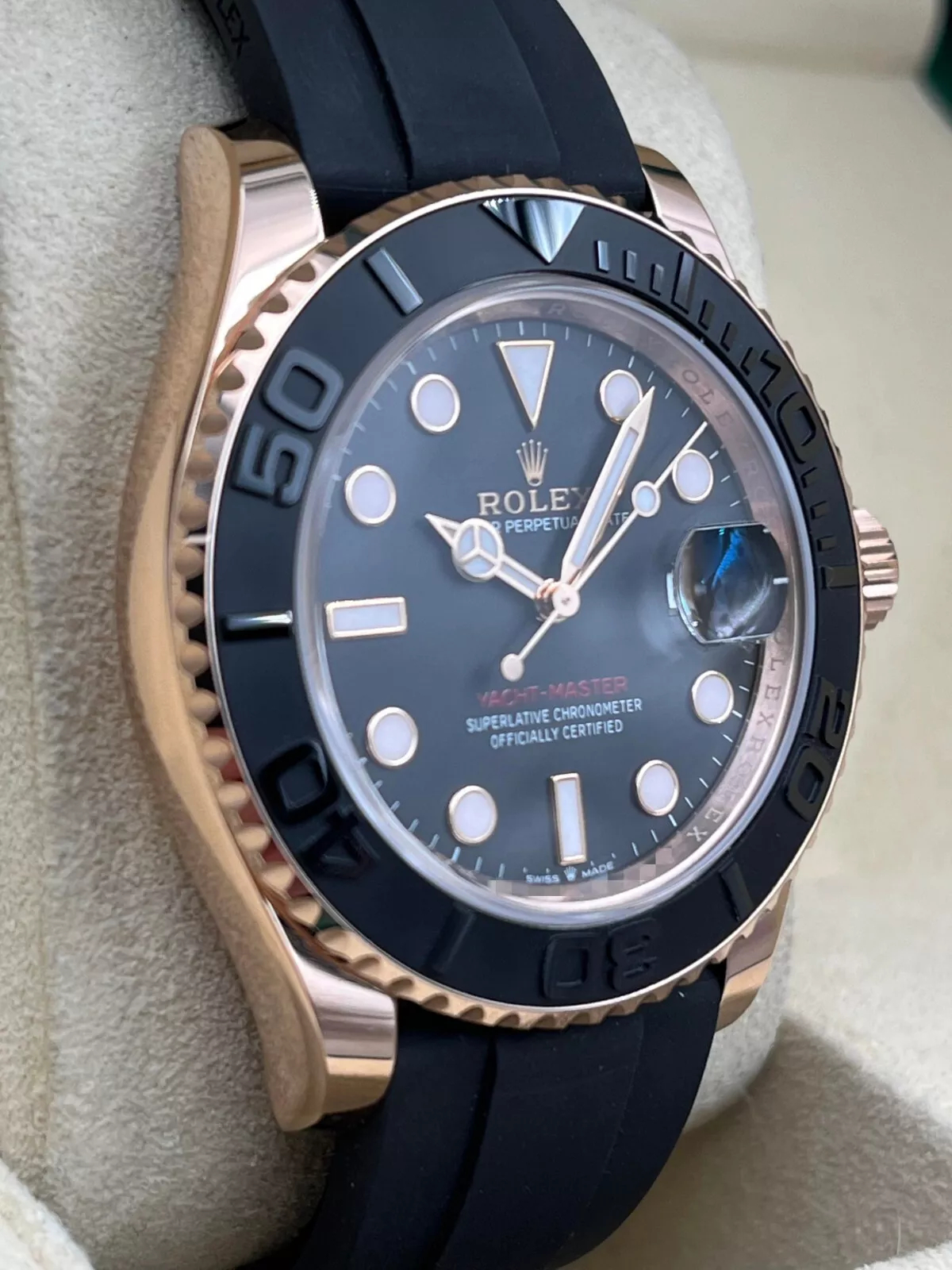 Rolex Yacht Master 18k Rose Gold Super Clone Swiss Replica Watch OysterFlex Rubber Strap Ref 126655 3235 Swiss Movement - SuperClonesRolex