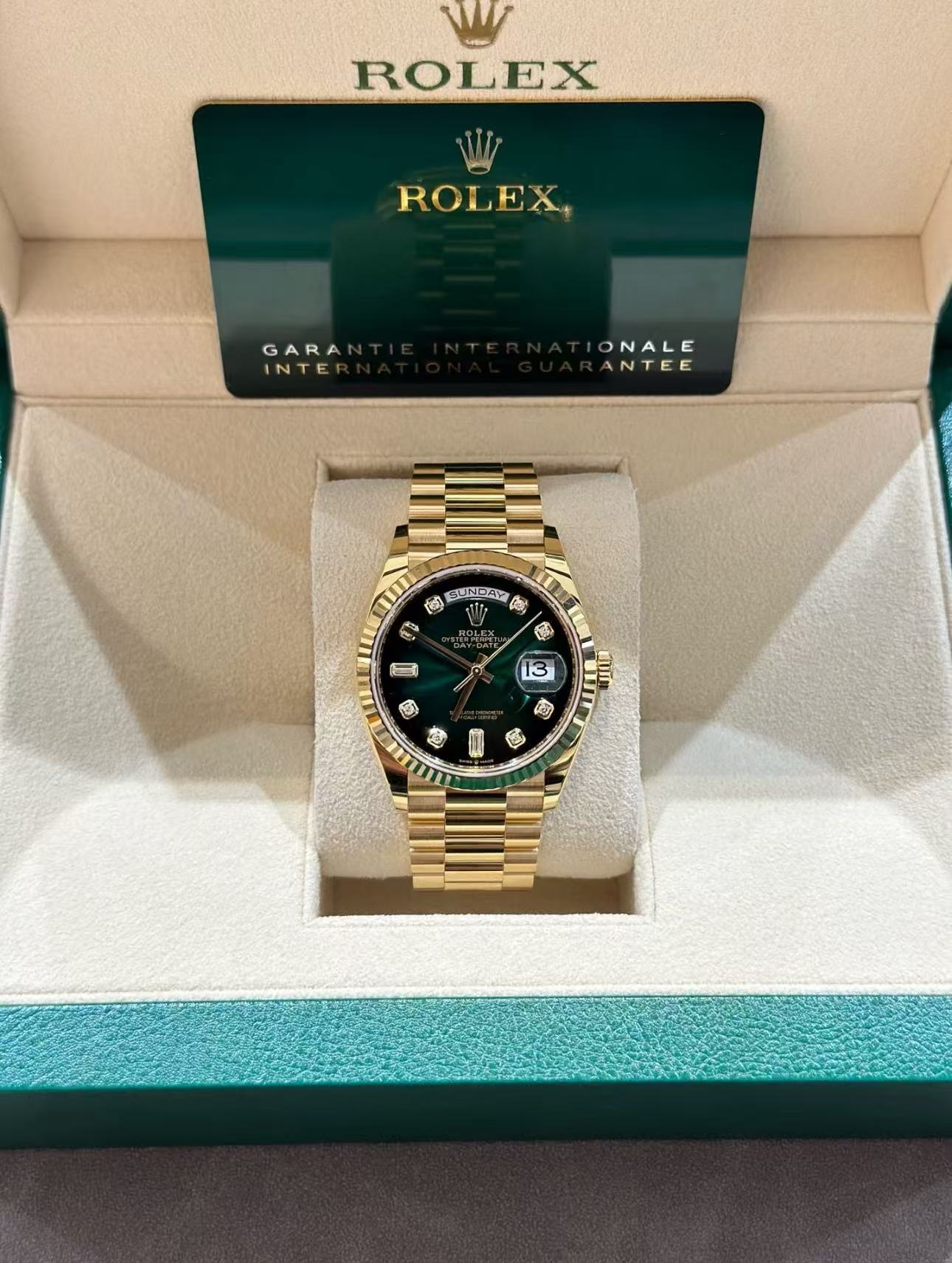 Rolex Day-Date Super Clone Swiss Replica Watch Ref M128238-0069 Smoky Green Dial 3255 Swiss Movement - SuperClonesRolex