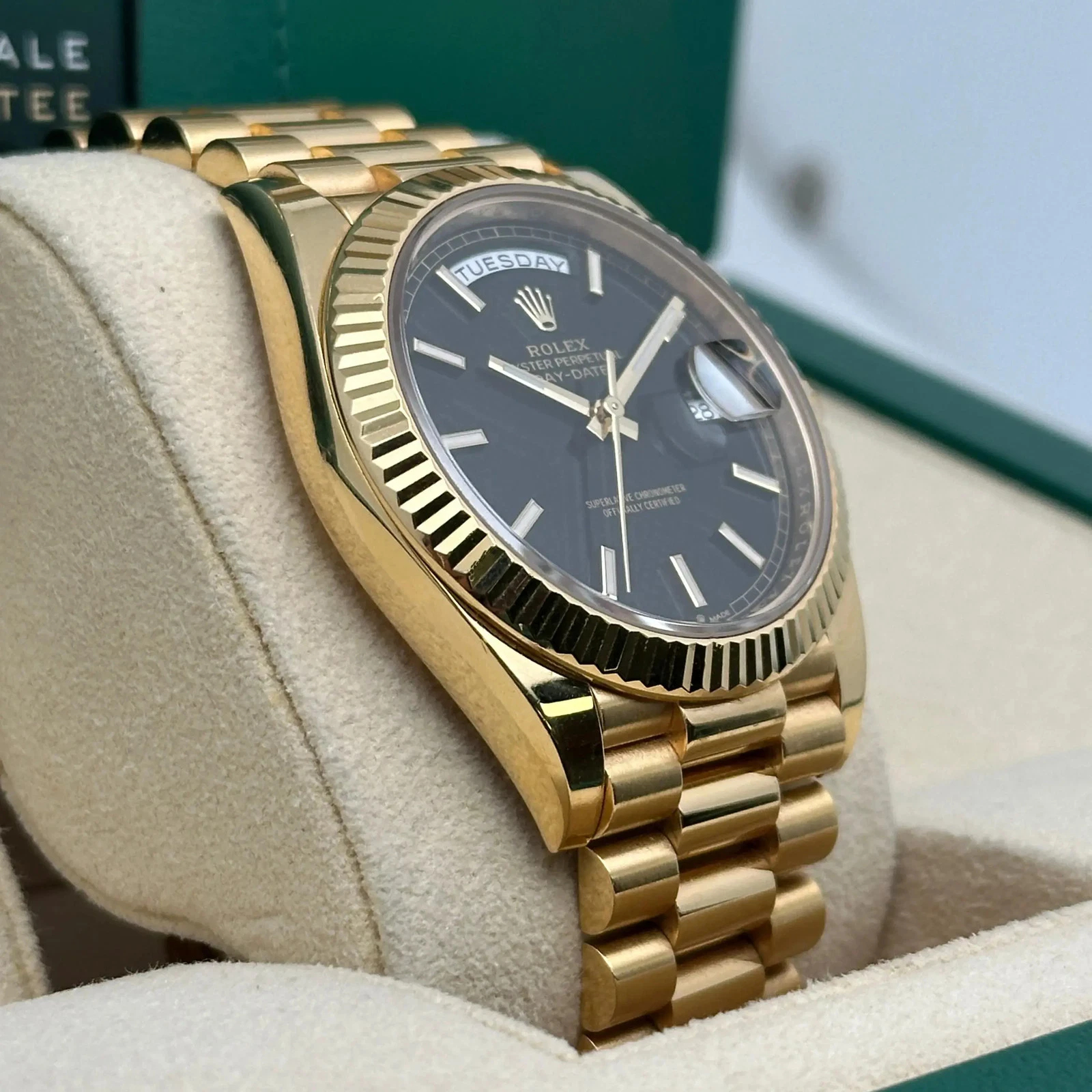 Rolex Day-Date Super Clone Swiss Replica Watch Ref M228238-0059 Black Sugar Dial 3255 Swiss Movement - SuperClonesRolex