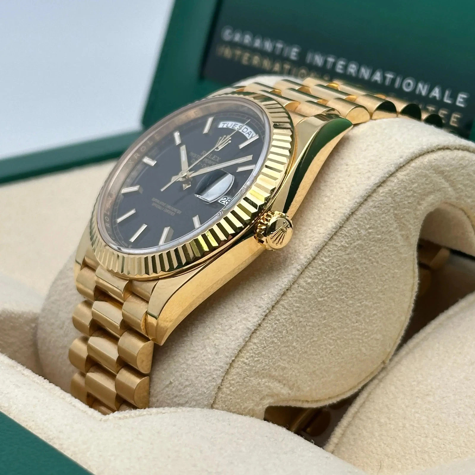 Rolex Day-Date Super Clone Swiss Replica Watch Ref M228238-0059 Black Sugar Dial 3255 Swiss Movement - SuperClonesRolex