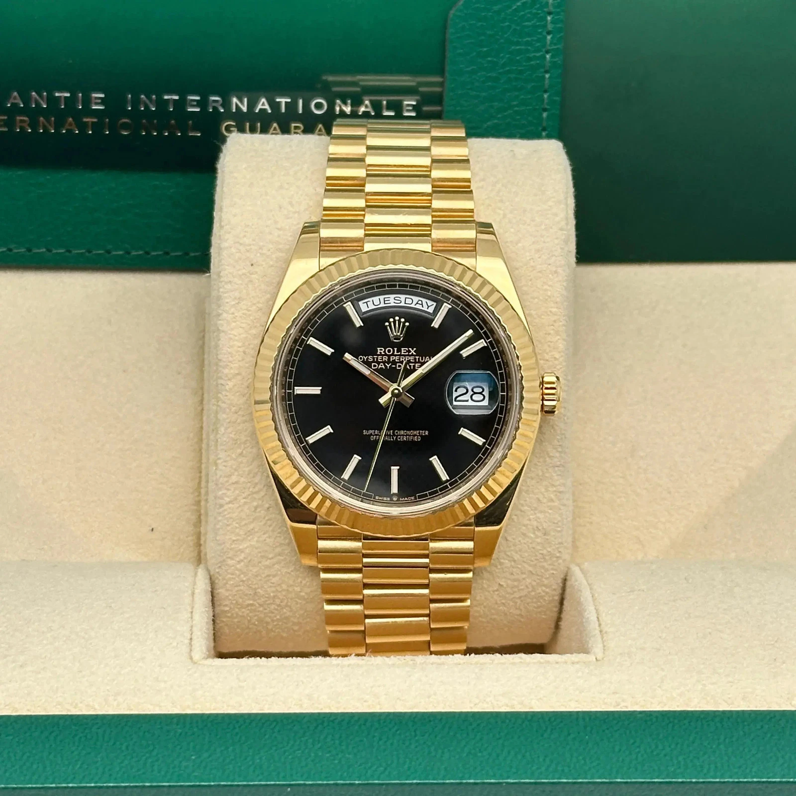 Rolex Day-Date Super Clone Swiss Replica Watch Ref M228238-0059 Black Sugar Dial 3255 Swiss Movement - SuperClonesRolex