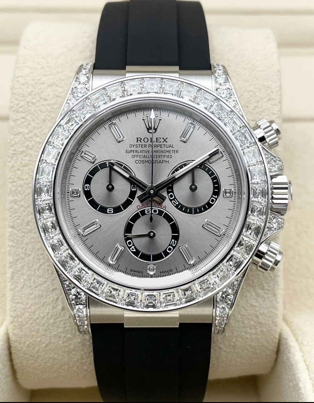 Rolex Daytona 40mm Super Clone Swiss Watch White Gold Diamond Bezel Oysterflex Strap Diamond Paved Dial Ref M126539TBR-0002 4131 Swiss Movement - SuperClonesRolex
