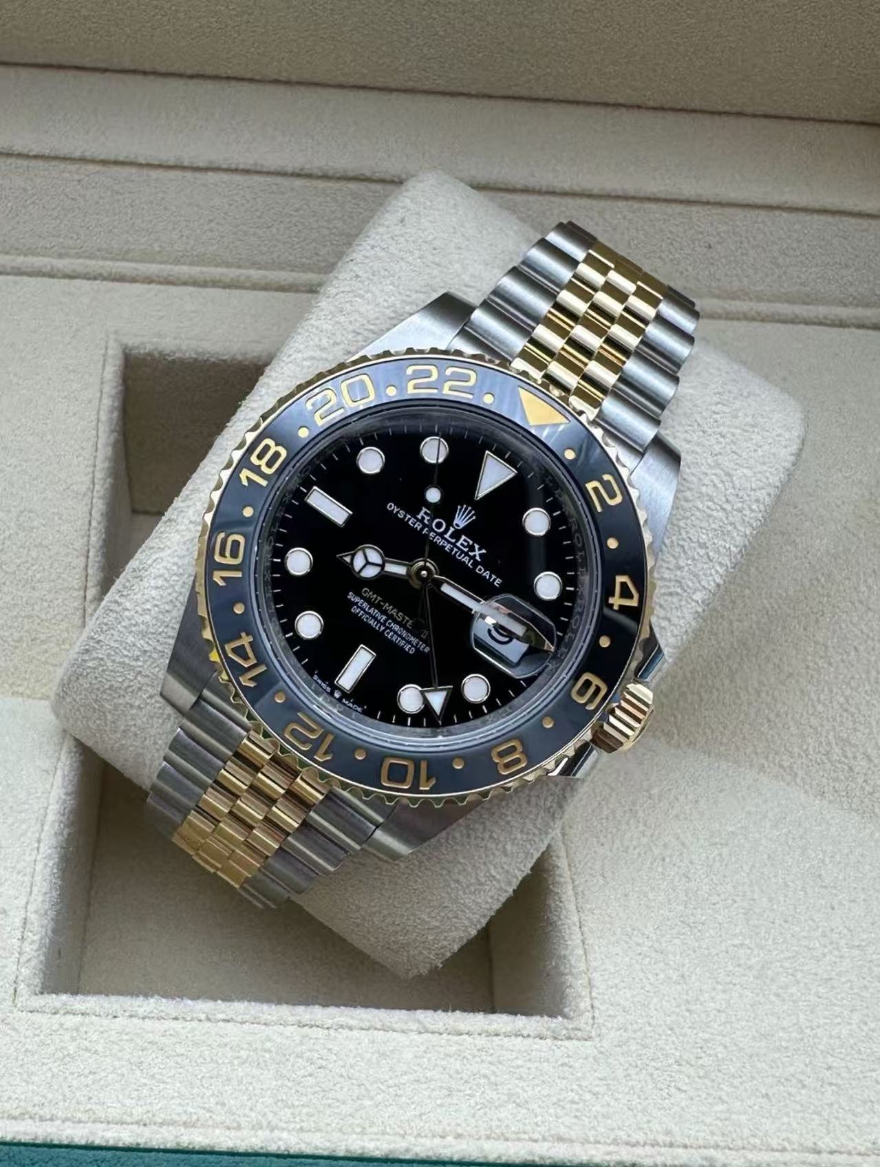 Rolex GMT Master ll 2023 Two ToneJubilee Bracelet Super Clone SwissReplica Watch Ref 126713GRNR3285 Swiss Movement - SuperClonesRolex