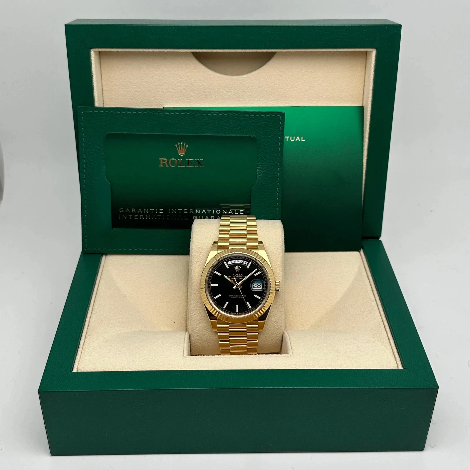 Rolex Day-Date Super Clone Swiss Replica Watch Ref M228238-0059 Black Sugar Dial 3255 Swiss Movement - SuperClonesRolex