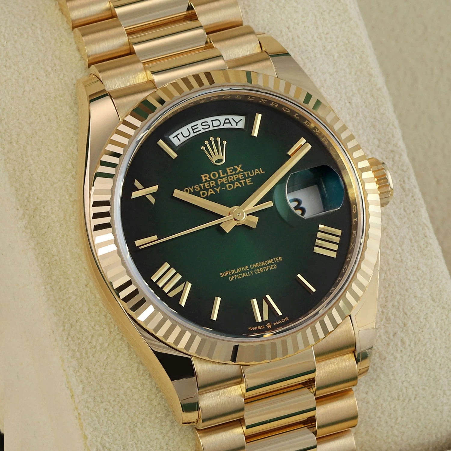 Rolex Day-Date Super Clone Swiss Replica Watch Ref M228238-0069 Olive Green Dial 3255 Swiss Movement - SuperClonesRolex
