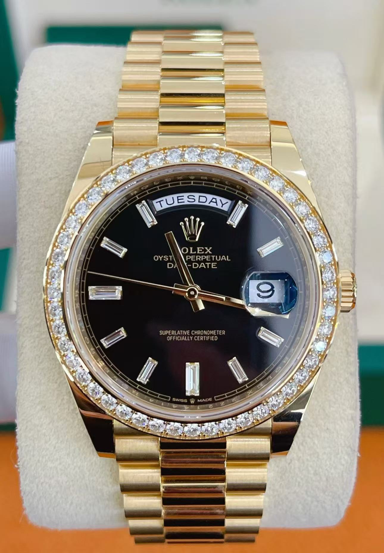 Rolex Day-Date Super Clone Swiss Replica Watch Ref M228348RBR-0039 Black Sugar Dial 3255 Swiss Movement - SuperClonesRolex