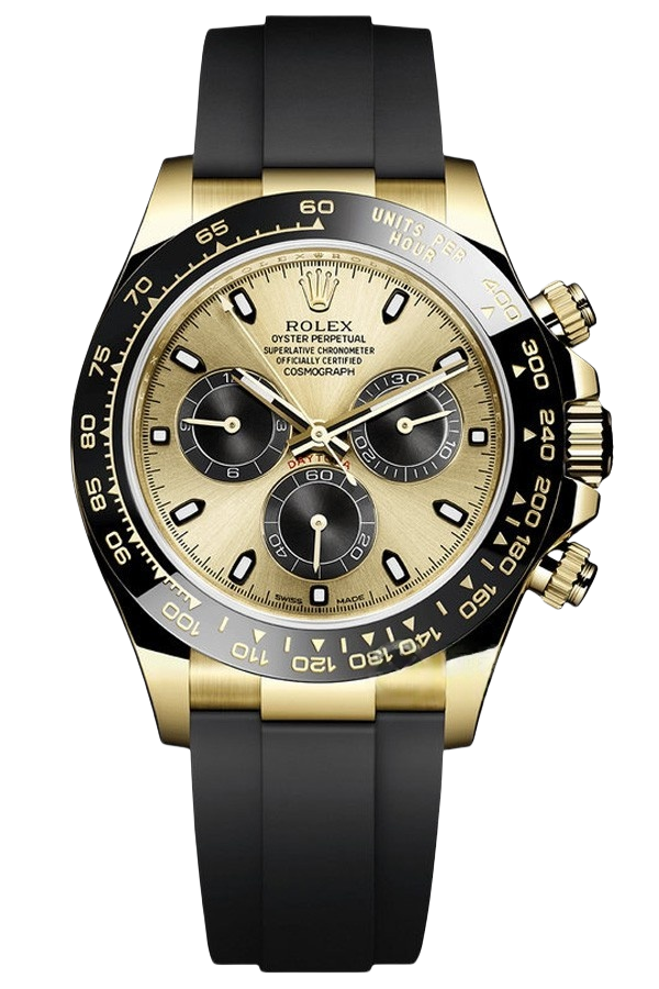 The Rolex Cosmograph Daytona Ref 116518LN-0040 super clone features a bold black dial with contrasting champagne sub-dials, an 18k yellow gold case, and a sporty yet elegant Oysterflex strap. Fitted with a high-performance Swiss 4130 replica movement - SuperClonesRolex