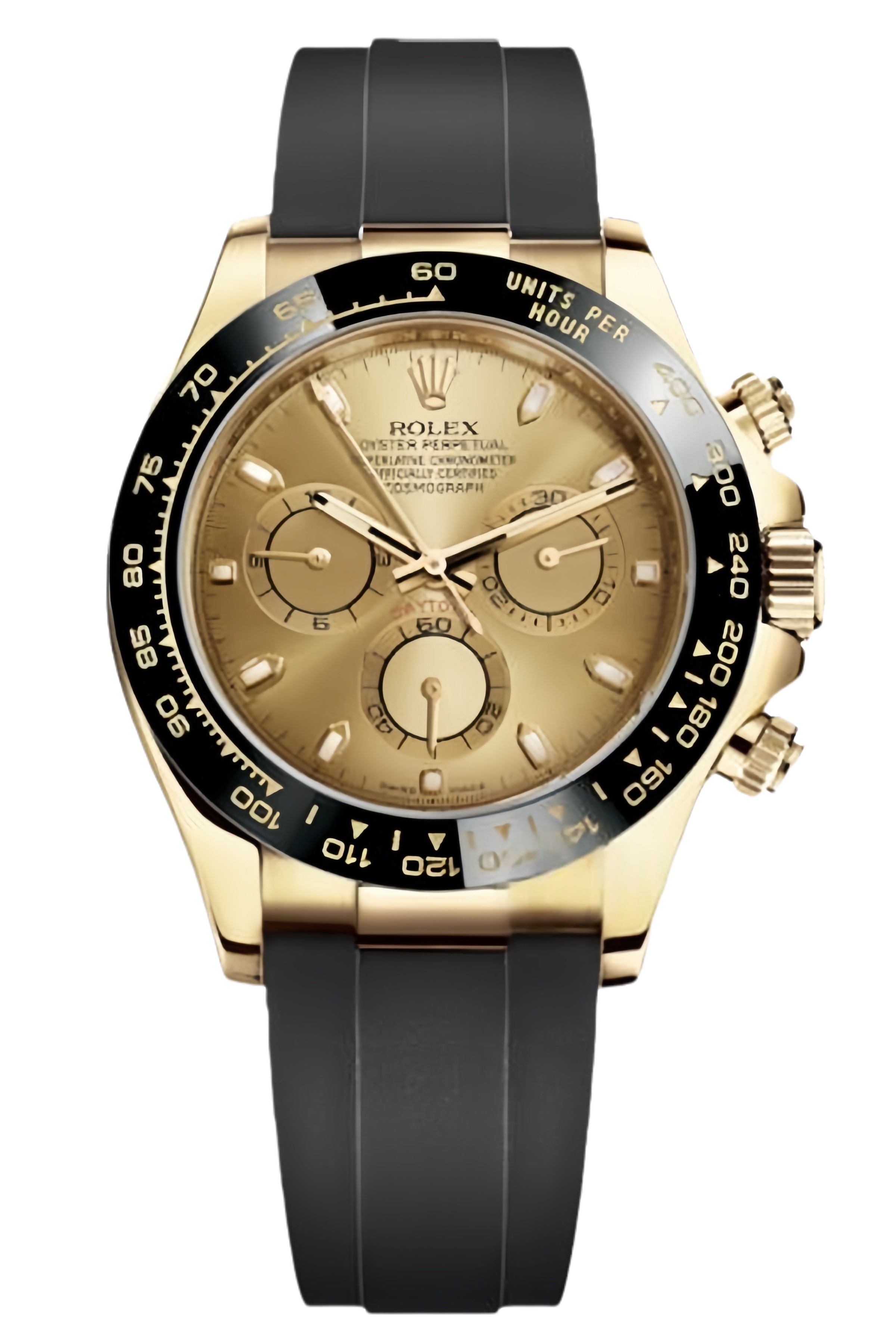 Rolex Cosmograph Daytona Super Clone Swiss Replica Watch 18k Yellow Gold Oysterflex Strap Champagne Dial Ref 116518LN-0034 - SuperClonesRolex