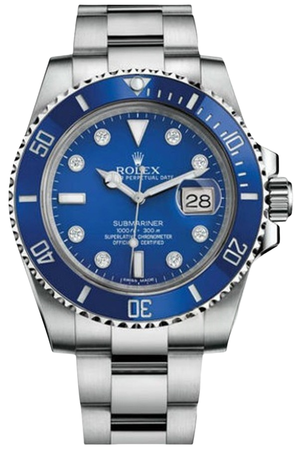 Rolex Submariner Blue Dial Diamond Markers Super Clone Swiss Replica Watch Ref 116619LB-97209 8DI White Gold Oyster Bracelet - SuperClonesRolex