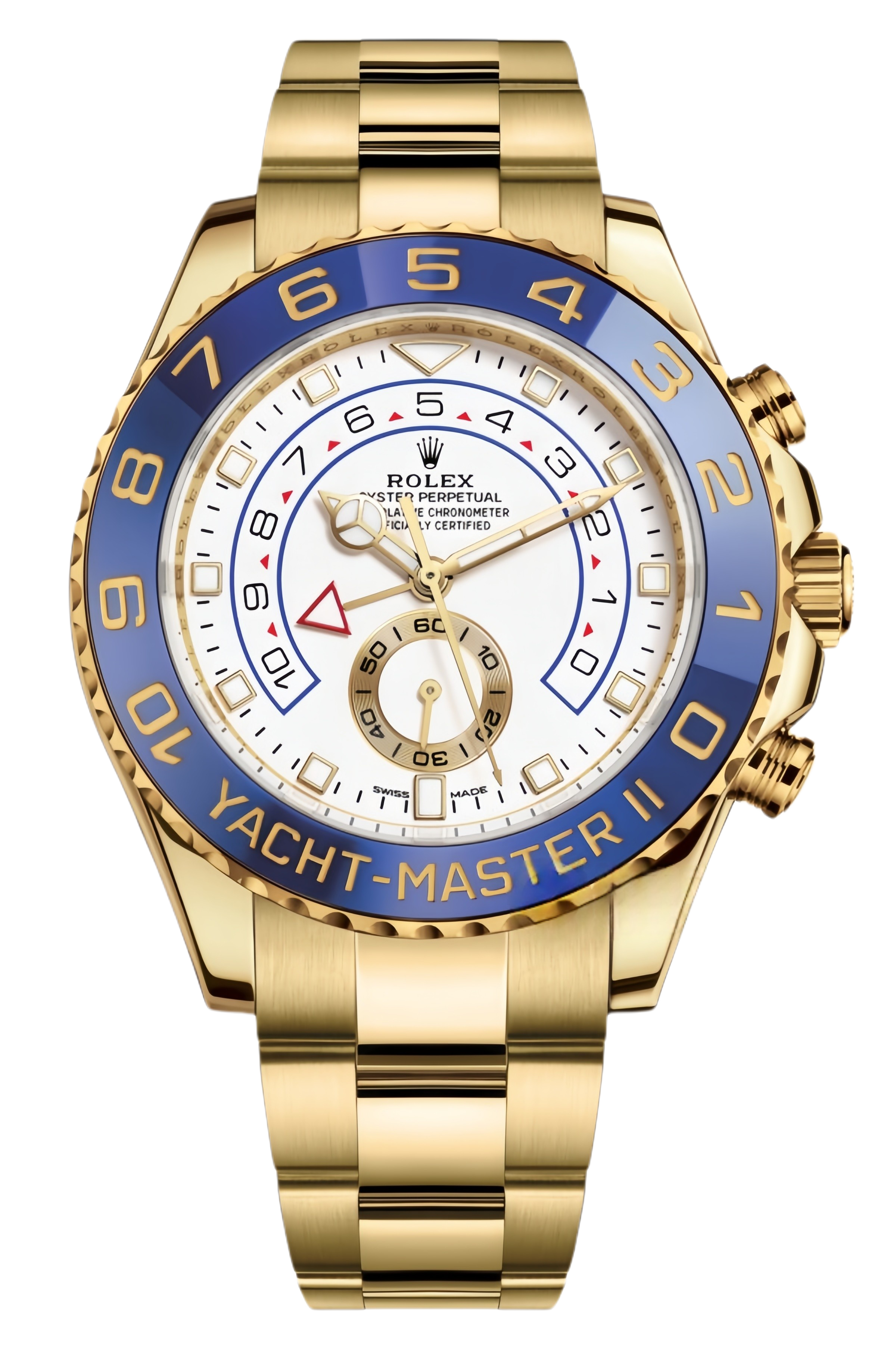 Rolex Yacht-Master II Mercedes Hands Super Clone Swiss Replica Watch Ref M116688-0002 Blue Bezel 18K Yellow Gold - SuperClonesRolex