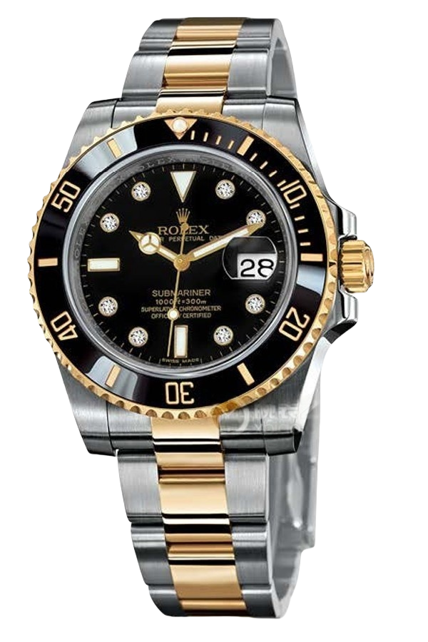 Rolex Submariner Black Dial Diamond Markers Super Clone Swiss Replica Watch Ref 116613-LN-97203 Two-Tone Oyster Bracelet - SuperClonesRolex