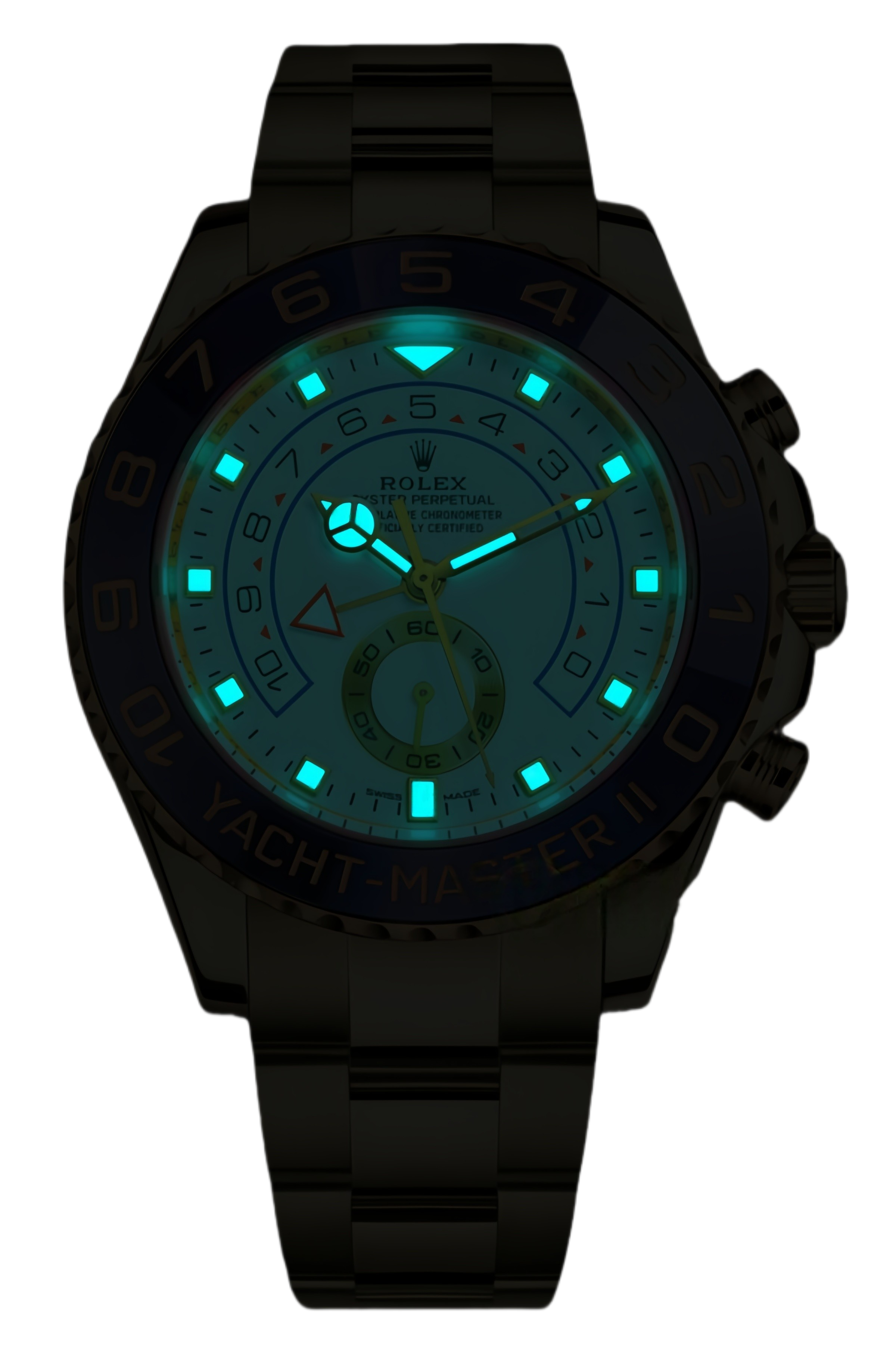 Rolex Yacht-Master II Mercedes Hands Super Clone Swiss Replica Watch Ref M116688-0002 Blue Bezel 18K Yellow Gold - SuperClonesRolex