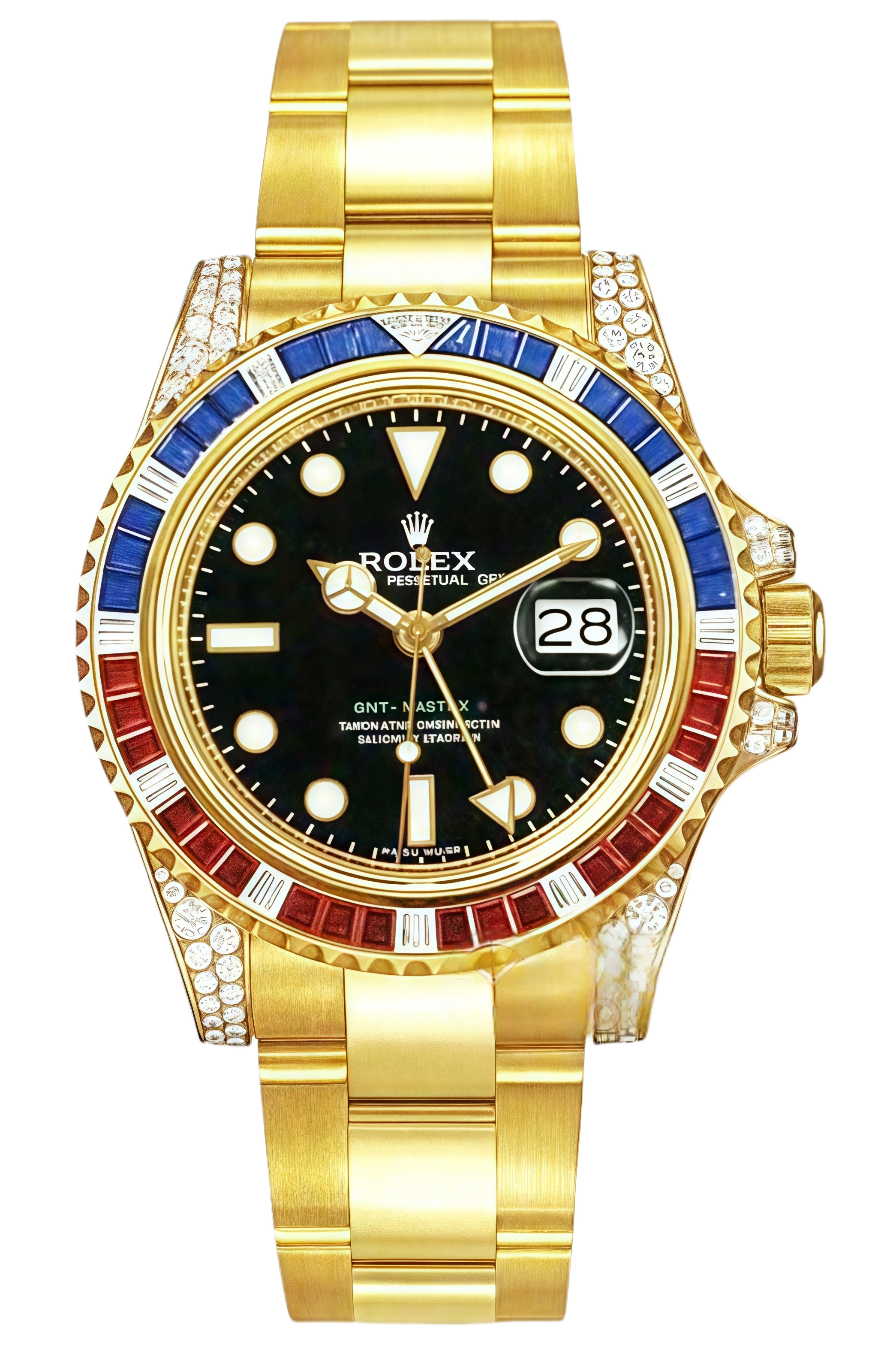 Rolex GMT-Master II Rainbow Bezel Super Clone Swiss Replica Watch Ref 116758SARU-78208 Mother of Pearl Dial 18K Yellow Gold - SuperClonesRolex