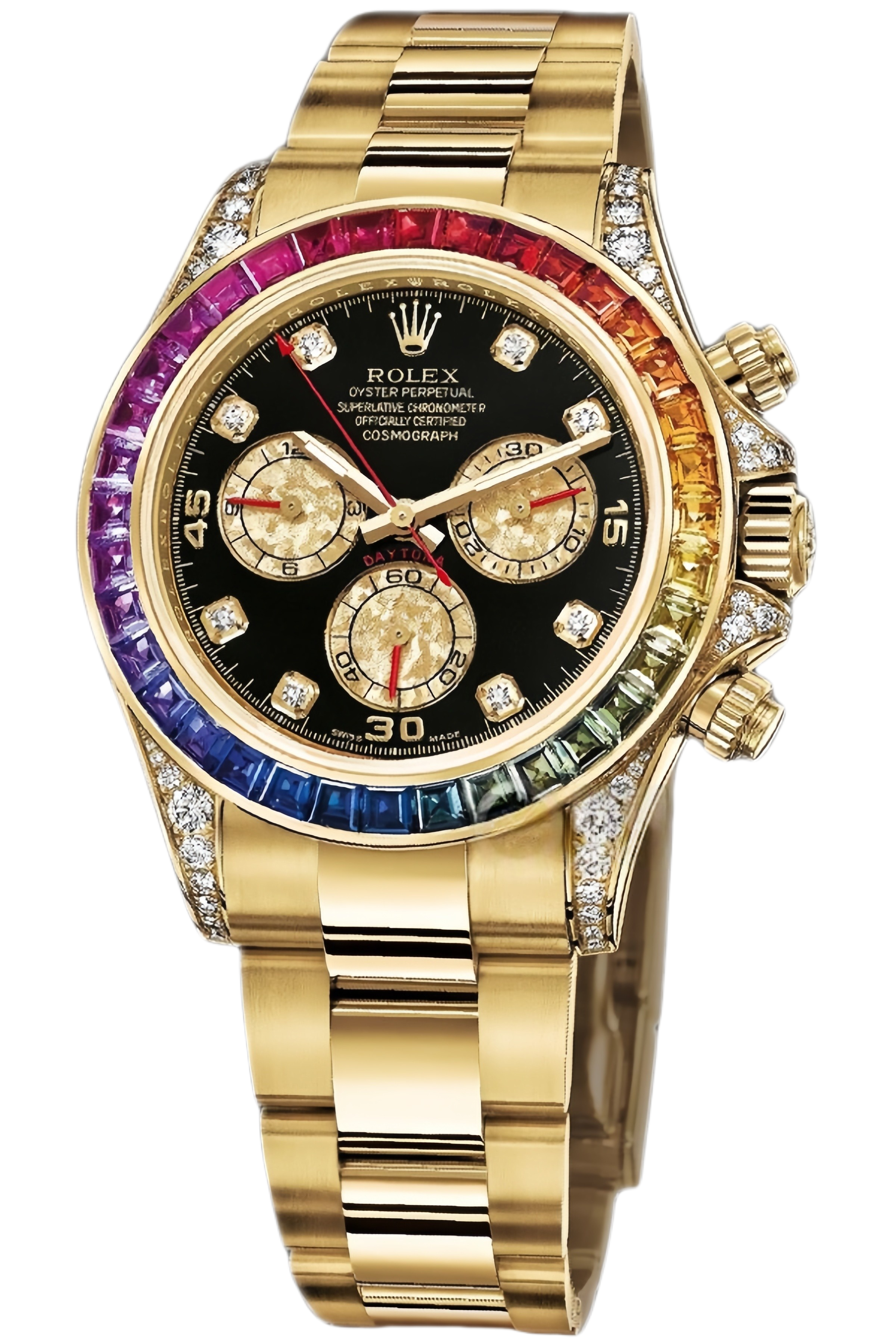 Rolex Daytona Rainbow 40mm Yellow Gold Super Clone Swiss Replica Watch Ref 116598 RBOW - SuperClonesRolex