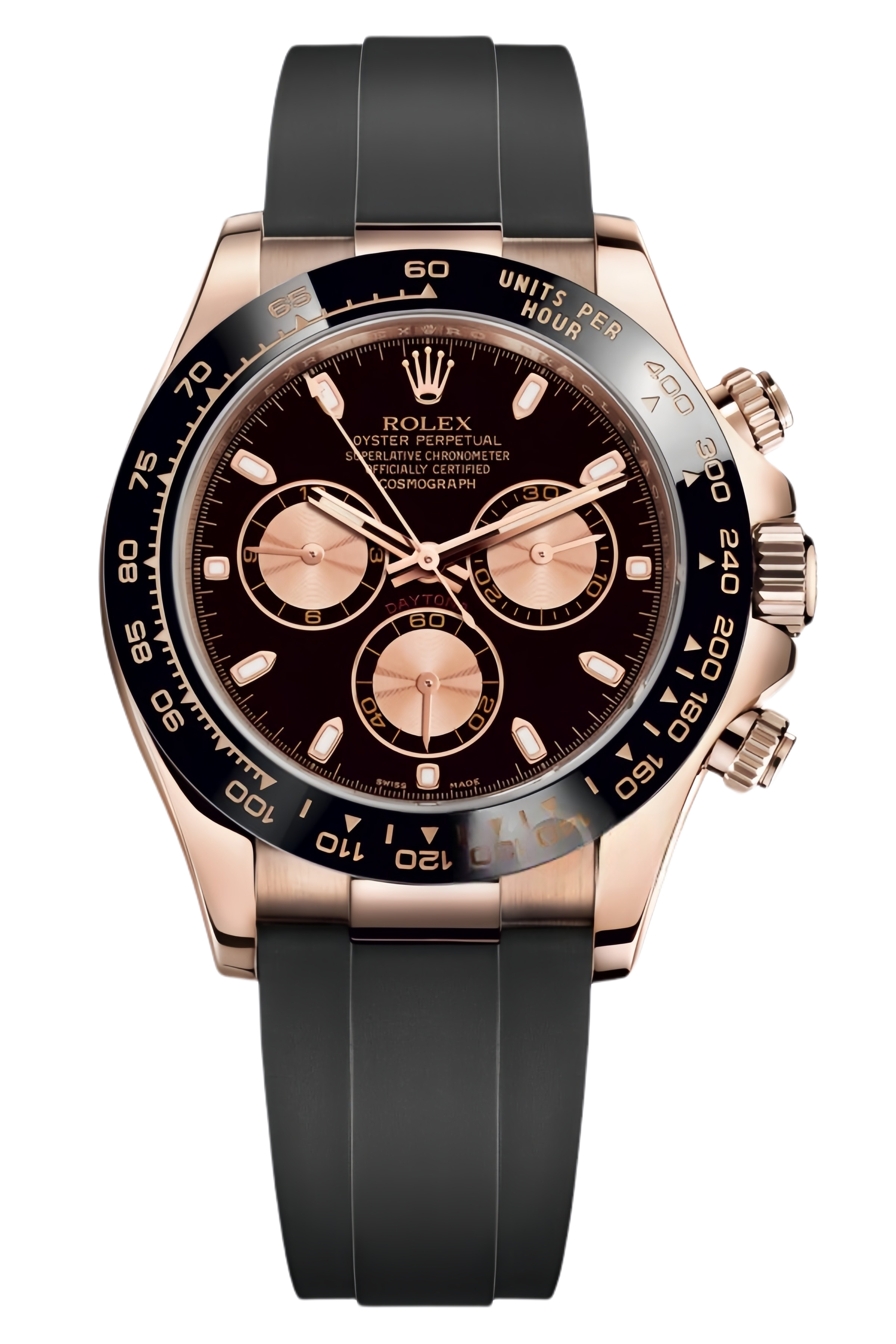 Rolex Daytona Everose Gold & Black Dial Super Clone Swiss Replica Watch Ref M116515LN-0017 – Oysterflex Strap - SuperClonesRolex
