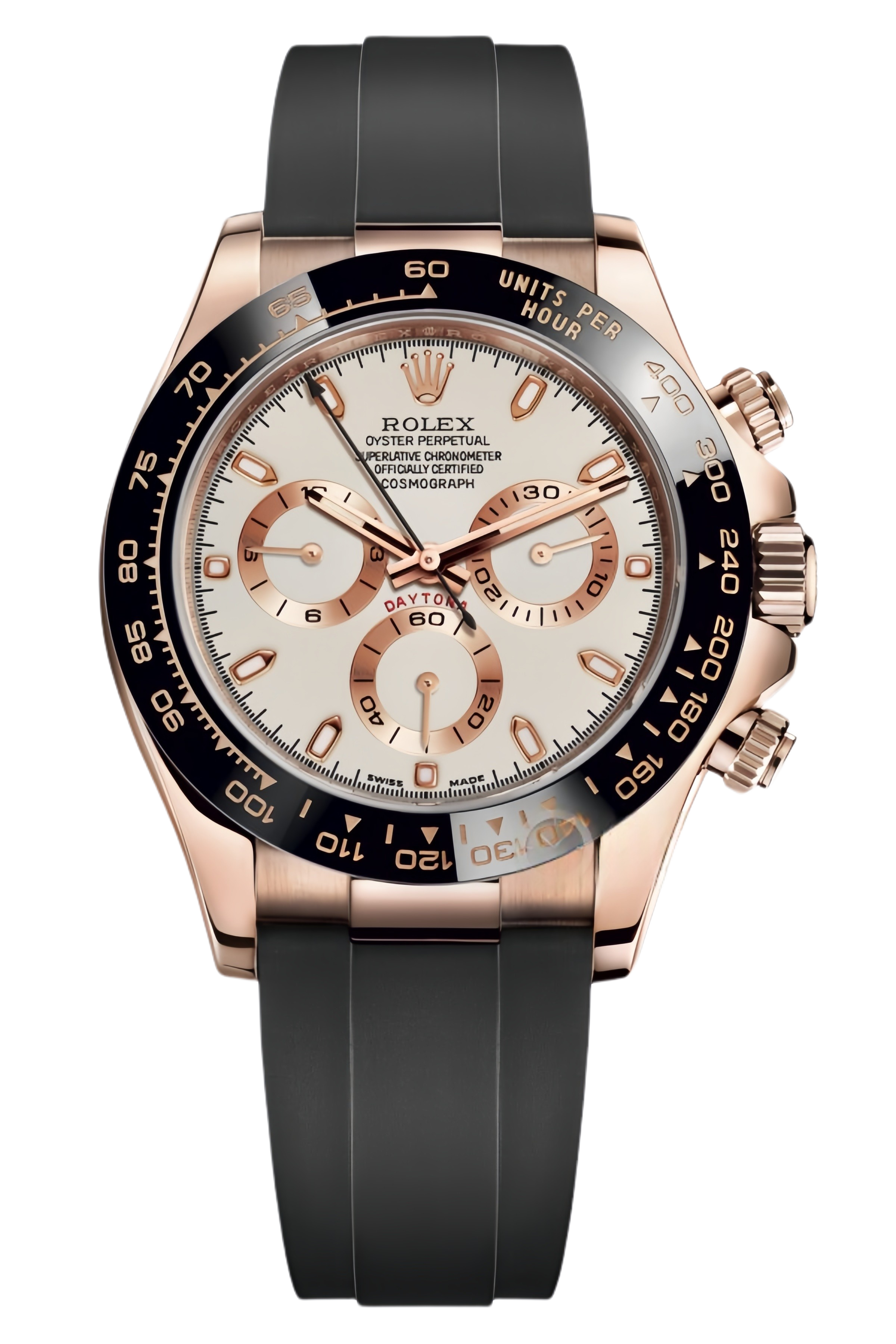 Rolex Daytona Black Dial Everose Gold Super Clone Swiss Replica Watch Ref M116515LN-0019 – Oysterflex Strap - SuperClonesRolex