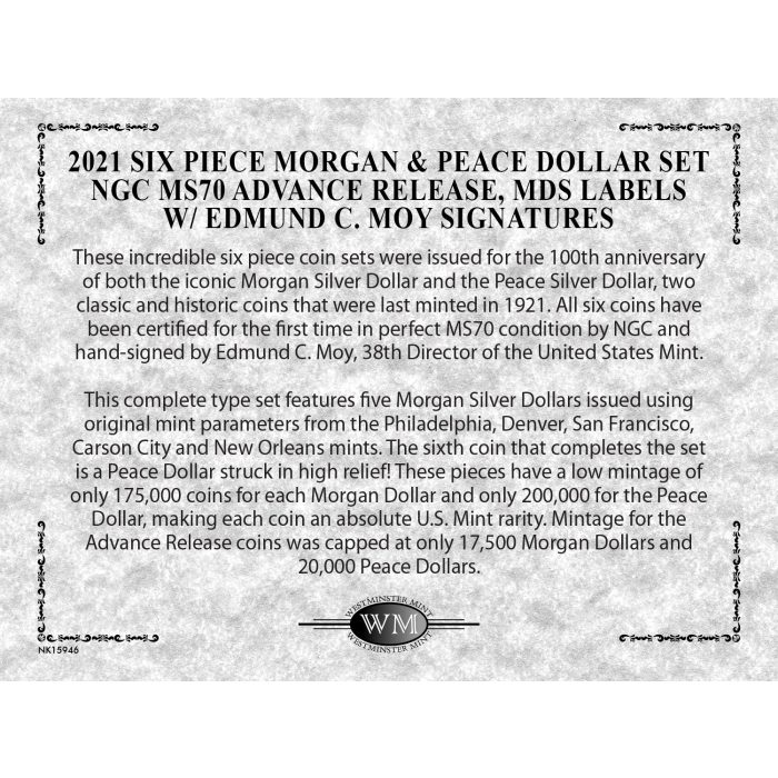 2021 Six-Piece Morgan & Peace Dollar Set NGC MS70 Advance Release �?Edmund C. Moy Signatures �?MDS Labels