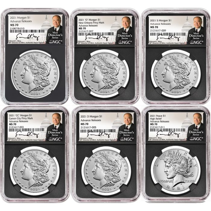 2021 Six-Piece Morgan & Peace Dollar Set NGC MS70 Advance Release �?Edmund C. Moy Signatures �?MDS Labels