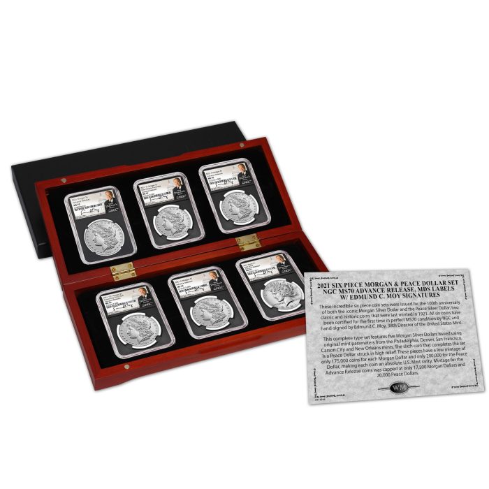 2021 Six-Piece Morgan & Peace Dollar Set NGC MS70 Advance Release �?Edmund C. Moy Signatures �?MDS Labels